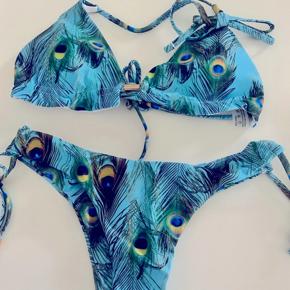 Turquoise Blue Peacock Thong Bikini Size L - Picture 4 of 6